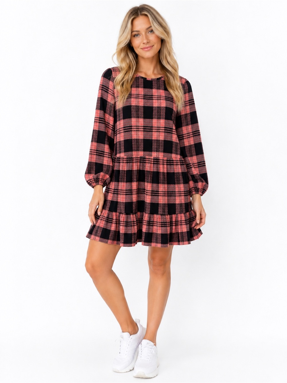 Anthropologie Cloth & Stone Size Medium Pink & Black Plaid Ruffle Hem Dress